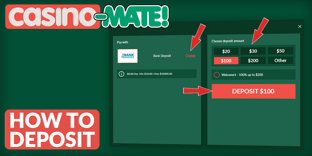 Instruction on how to deposit the account at Casino Mate