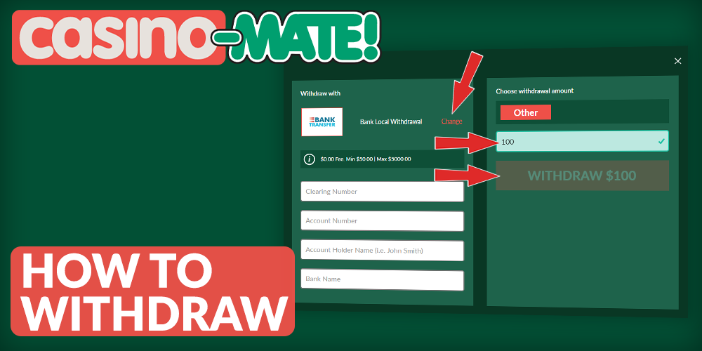 Instruction on how to withdraw money at Casino Mate