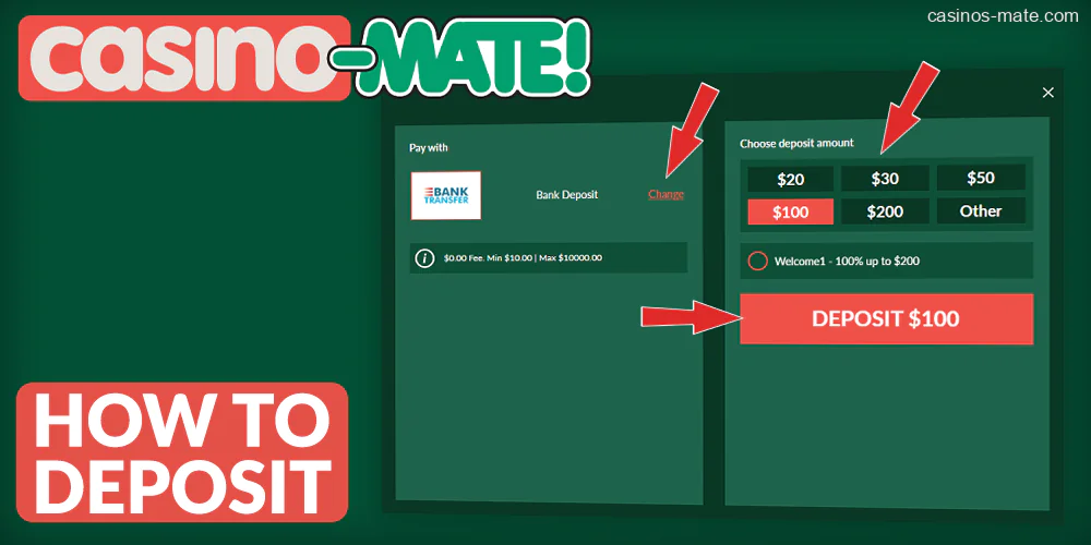 Instruction on how to deposit the account at Casino Mate