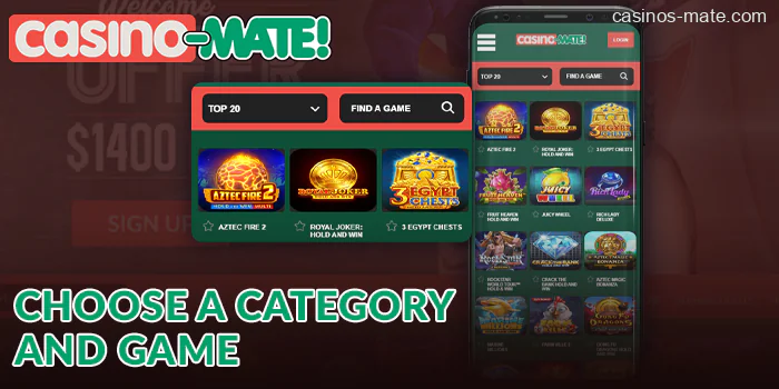 Choose a category and game at Casino Mate